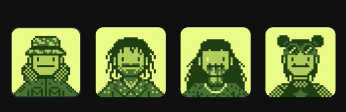 Four pixel-art character icons displayed in a row on yellow-green backgrounds, including figures wearing a hat, with long hair, a hood, and with antenna-like hair accessories.