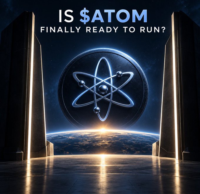 A promotional graphic reads 'IS $ATOM FINALLY READY TO RUN?' above an atom symbol set against a space background with Earth visible below.