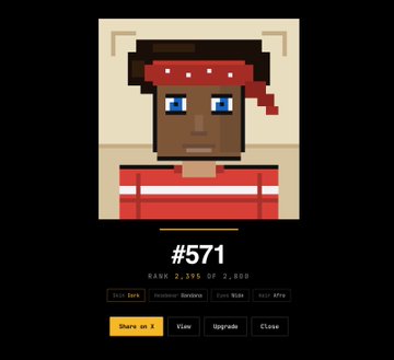 A pixel art character portrait of a person with brown skin, blue eyes, and a red bandana, labeled '#571' with attributes listed as 'RANK 2,395 OF 2,898' and a supply breakdown showing '1/1', 'Skin: Heather Bronze', 'Eyes: Blue', and 'Hat: RFra'. Buttons below read 'Share on X', 'View', 'Upgrade', and 'Close'.