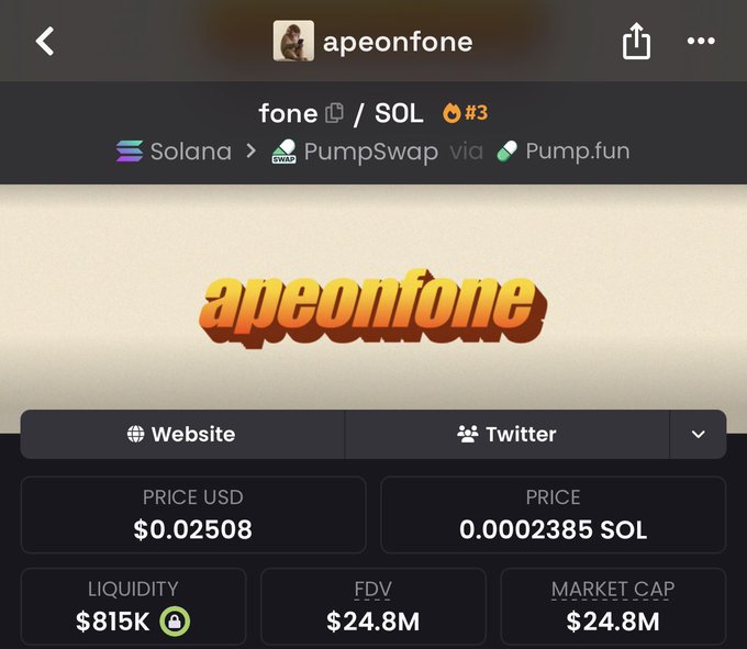 A screenshot of the $fone (apeonfone) token on PumpSwap via Pump.fun shows a current price of $0.02508 with a market cap and FDV of $24.8M, supporting the post's claim of a potential 4x+ run toward $100M.