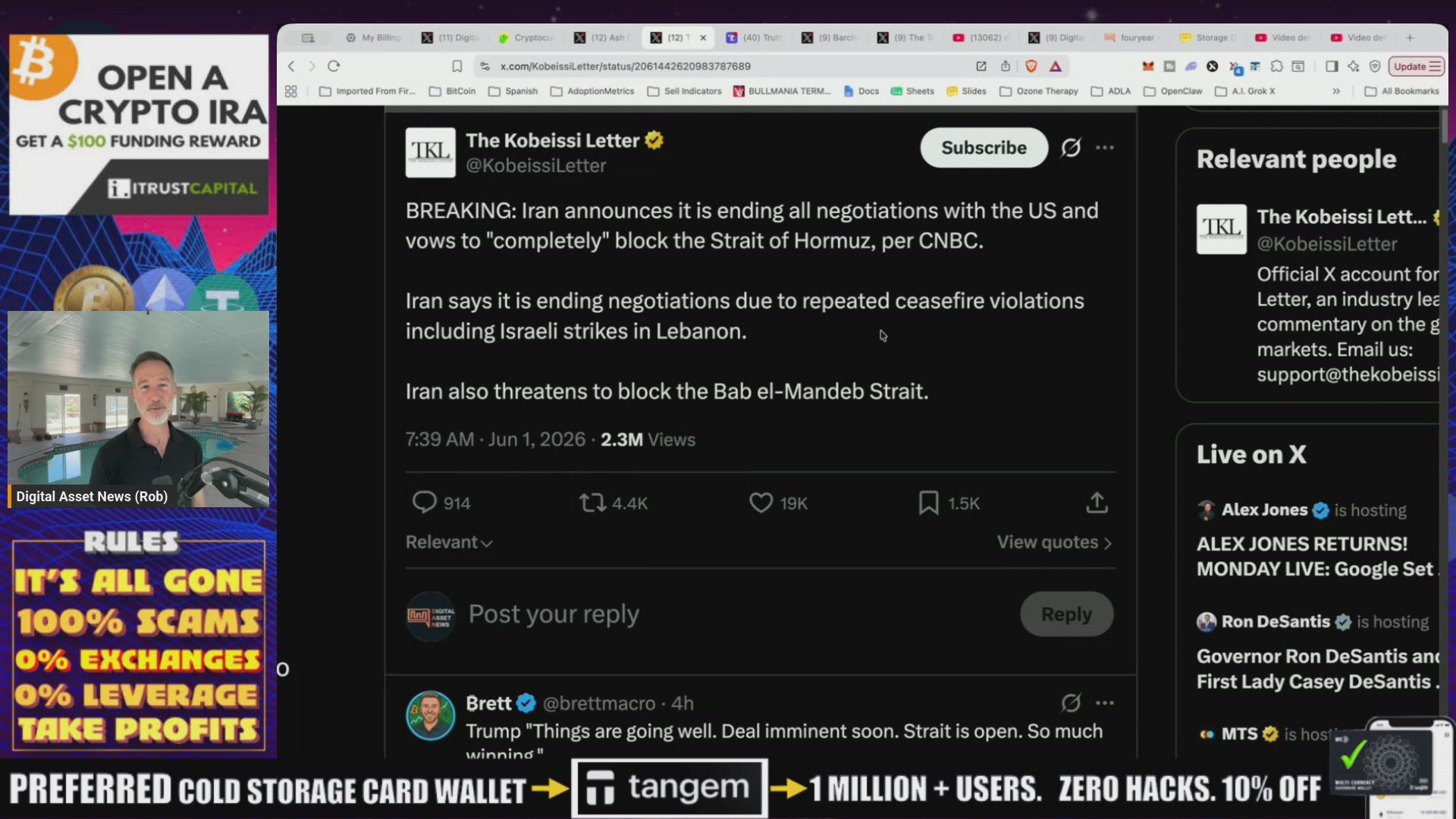 The image features a screenshot of a computer screen displaying a webpage, possibly related to bitcoin. The main content within the image includes the text "BREAKING!: The Rabobank Letter" written by someone named Mr. Alex Jones, with links to other posts in the image. A screenshot of another post shows that there is an update on a coin, possibly Bitcoin. In addition, some text indicates that the website has been affected by malicious users, as it was said to have been taken over and scammed by fraudsters. The image also contains various social media logos and icons from Twitter, Facebook, and other platforms.