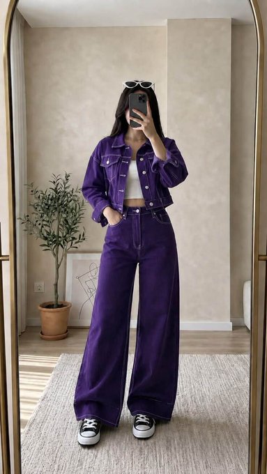 A mirror selfie of a person wearing a matching purple denim jacket and wide-leg jeans with white sneakers.