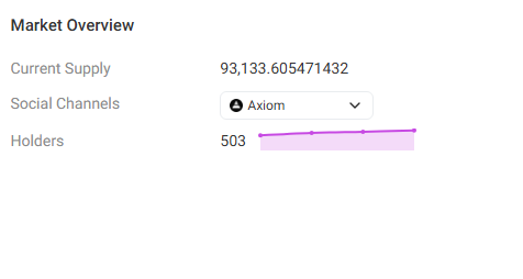 A "Market Overview" panel showing $rkuSOL with a Current Supply of 93,133.605471432, 503 Holders (displayed with a rising purple trend line), and the "Axiom" social channel selected, summarizing key token metrics and holder growth.