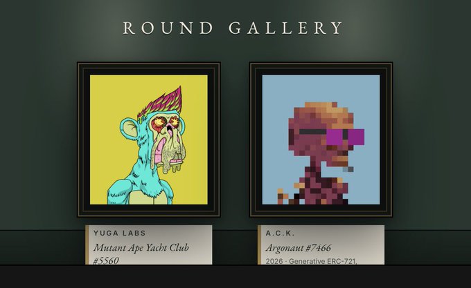 A digital gallery display titled 'ROUND GALLERY' showing two framed NFT artworks: 'Mutant Ape Yacht Club #5560' by YUGA LABS and 'Argonaut #7466' by A.C.K.