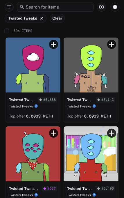 An NFT marketplace interface showing 594 items from the 'Twisted Tweaks' collection, with prices listed in WETH and a top offer of 0.0039 WETH.