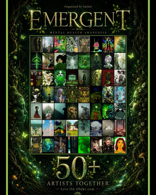 The image features a poster for an art exhibition titled "EMERGENT 50+ Artists Together" with a green background, featuring various images related to mental health awareness. The text at the bottom of the poster reads "Live On OkiT", which is likely a website or social media account associated with the event.