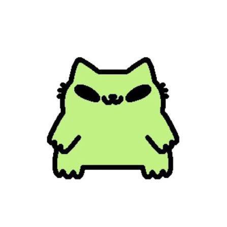 A cute, grumpy-looking green cat-like character with dark angry eyes drawn in a simple, cartoon style on a white background.