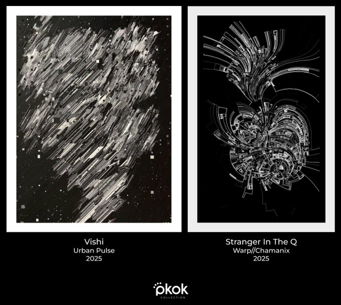 The image showcases two framed black-and-white generative artworks from the Pkok Collection: "Urban Pulse" by Vishi (2025), featuring dynamic diagonal streaks resembling an abstract cityscape, and "Warp//Chamanix" by Stranger In The Q (2025), displaying intricate spiraling line patterns. The post highlights these two GenArt pieces, which align with the visual presentation of contemporary digital art featured in the collection.