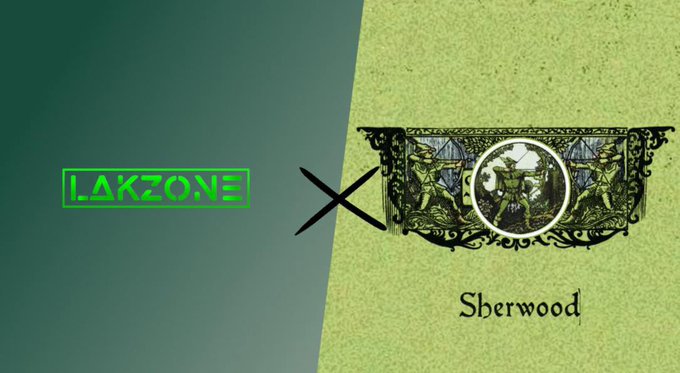 The image is a split-background collaboration graphic featuring the green neon "LAKZONE" logo on the left and an ornate Sherwood crest with the text "Sherwood" on the right, separated by a large "X" symbol—visually announcing the Lakzone x SherwoodNFTs partnership teased in the post.