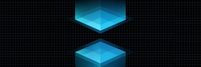 A dark, stylized digital graphic featuring two glowing blue cubes stacked vertically against a black grid background, with a cyberpunk or cryptocurrency aesthetic.