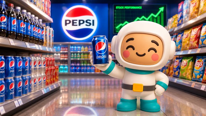 A cute astronaut-like mascot in a store aisle holds up a can of Pepsi, with shelves of Pepsi bottles and chips visible alongside a 'STOCK PERFORMANCE' chart.