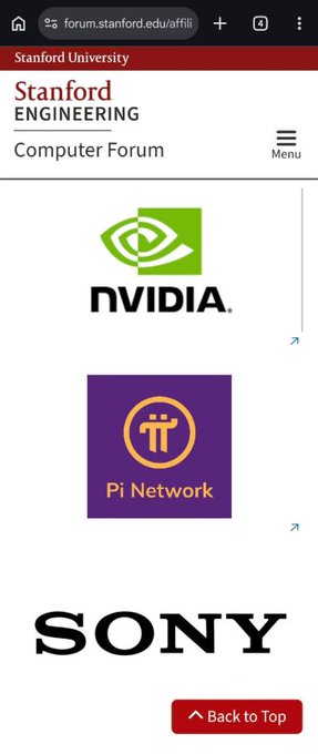 A mobile browser screenshot of Stanford Engineering Computer Forum page showing sponsor logos for NVIDIA, Pi Network, and Sony.