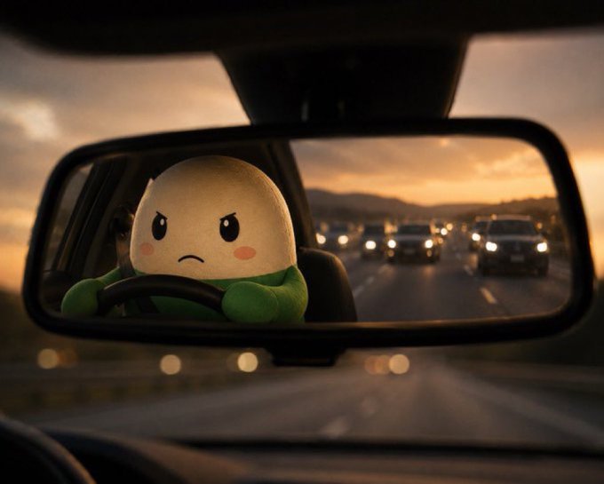 A plush Cupsey character with a determined frown grips the steering wheel, reflected in a car's rearview mirror against a dusky highway filled with oncoming traffic. The image visually captures the post's "enjoy the ride" metaphor, showing Cupsey navigating toward a major milestone while bracing for the journey ahead.