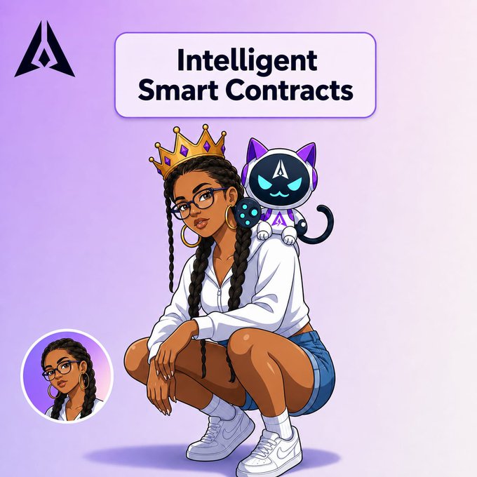 A digital illustration featuring a Black woman with long braided hair, glasses, and a gold crown squatting in a white hoodie and denim shorts, with a white and purple cat wearing a gaming headset on her shoulder, titled 'Intelligent Smart Contracts' with a logo in the corner.