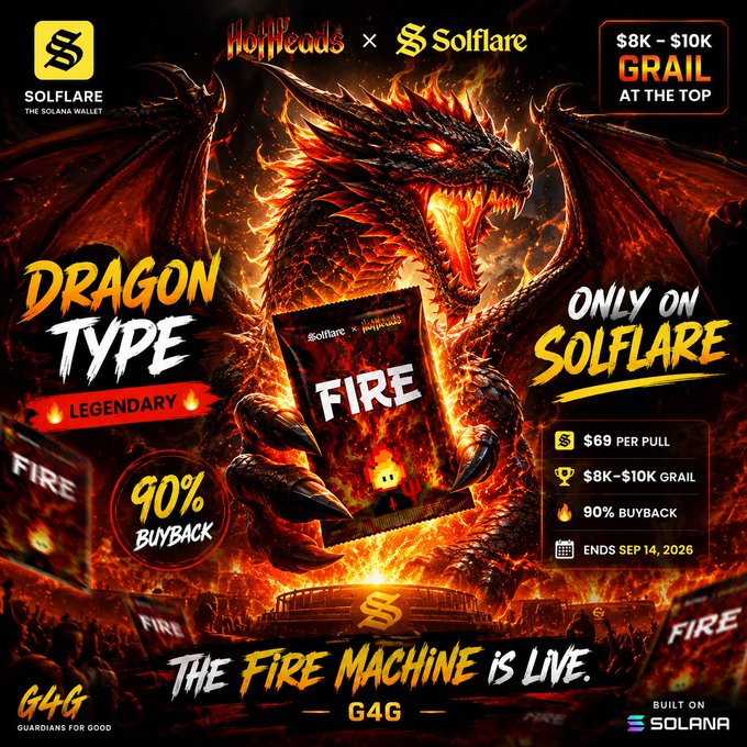 A promotional advertisement for "Dragon Type" - a Legendary NFT on Solflare built on Solana, featuring a fire-breathing dragon and noting "$8K-$10K GRAIL AT THE TOP" and "90% BUYBACK" with the event ending September 14, 2026.