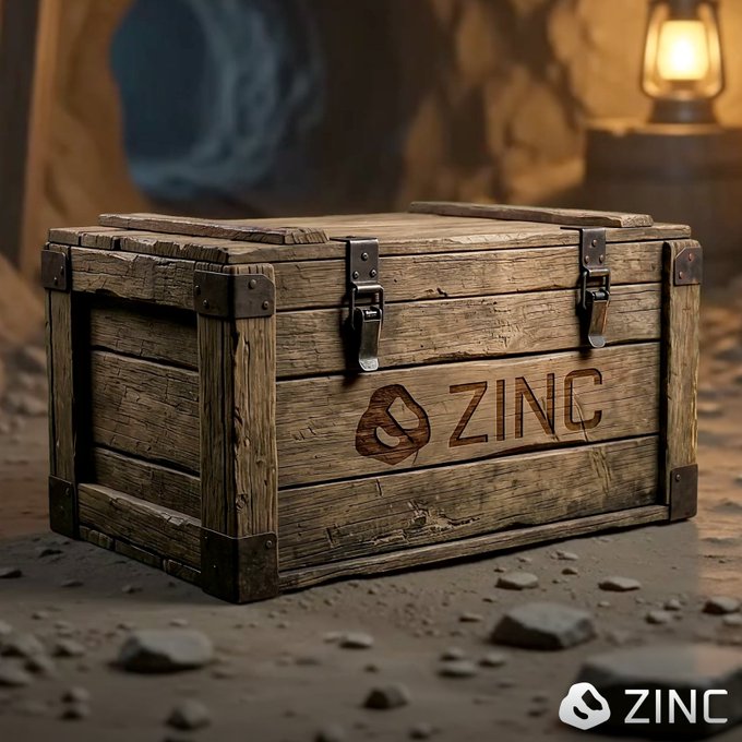 A weathered wooden treasure chest stamped with the "ZINC" logo sits in a dimly lit cave setting, evoking the imagery of hidden rewards being uncovered—fitting the post's theme of selecting and privately rewarding 7 winners with @UmbraPrivacy.