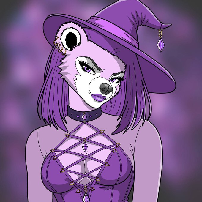 An illustration of a female anthropomorphic panda character wearing a purple witch hat and a purple corset top with crisscross lace detailing.