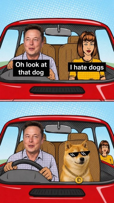 A two-panel comic shows Elon Musk and a woman in a car, with the woman saying "I hate dogs." In the second panel, Musk sits next to a Shiba Inu (the Doge meme) wearing "deal with it" sunglasses and a Bitcoin chain, having replaced the woman in the passenger seat—jokingly "solving" the problem of a dog-hater with the Doge cryptocurrency.