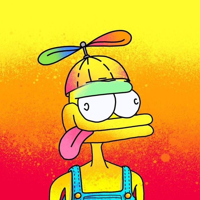 A cartoon illustration of a yellow duck-like character wearing a propeller beanie and blue overalls against a vibrant yellow, orange, and pink gradient background.