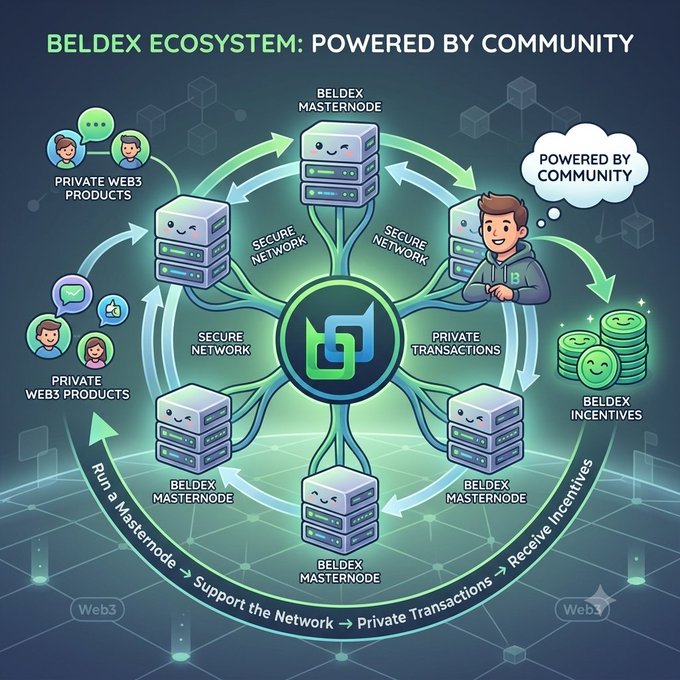 Infographic titled 'BELDEX ECOSYSTEM: POWERED BY COMMUNITY' showing a network diagram with Beldex Masternodes, Private Web3 Products, Secure Network, Private Transactions, and Beldex Incentives arranged around a central logo.
