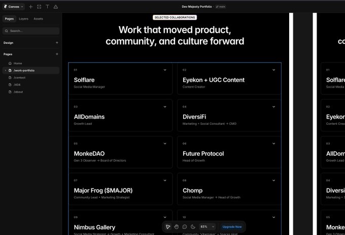 The image shows a Webflow portfolio editor displaying a "Selected Collaborations" section with work done for projects like Solflare, Eyekon + UGC Content, AllDomains, DiversiFi, MonkeDAO, Future Protocol, Major Frog (SMAJOR), Chomp, and Nimbus Gallery. This visualizes the speaker's point about years spent building other brands (Solflare wallet, MonkeDAO, Major Frog NFT) before finally building their own — the "Majority Portfolio" now shown was created in a tool used to design other projects, highlighting the irony of the moment they finally turned that skill inward.