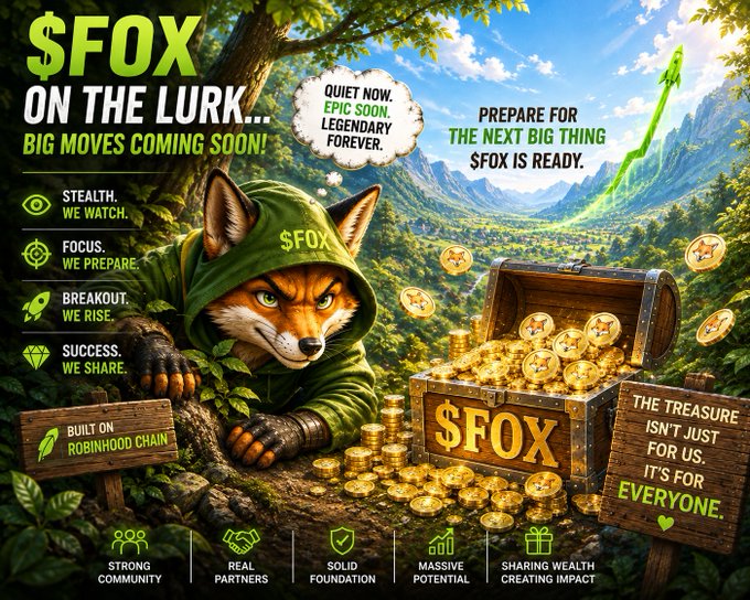 A clever fox character in a green hoodie emblazoned with "$FOX" crouches beside an open treasure chest overflowing with gold coins, set against a lush mountain landscape with an upward trending arrow. Text overlays promote "$FOX" with slogans like "ON THE LURK... BIG MOVES COMING SOON!," "BUILT ON ROBINHOOD CHAIN," and "THE TREASURE ISN'T JUST FOR US. IT'S FOR EVERYONE," reinforcing the post's teaser about upcoming momentum and potential exchange listings.