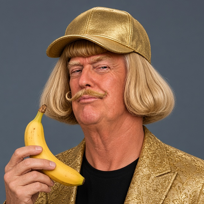 A man dressed in a gold cap, gold patterned jacket, blonde wig, and curled mustache holding a banana.