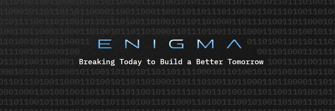 The image displays the "ENIGMA" logo in a sleek, modern font against a background of scrolling binary code, with the tagline "Breaking Today to Build a Better Tomorrow" beneath it. This visually reinforces the post's description of Enigma as a deep-tech security project on Bittensor, where miners tackle cryptographic challenges like RSA and quantum-safe proofs to advance open security research.