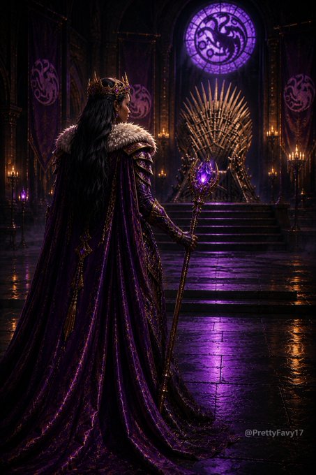 A fantasy digital artwork depicting a queen in a long purple velvet cloak and fur collar, holding a scepter with a purple gem, facing a golden throne and a circular stained-glass window with a dragon symbol, watermarked "@PrettyFavvy17".
