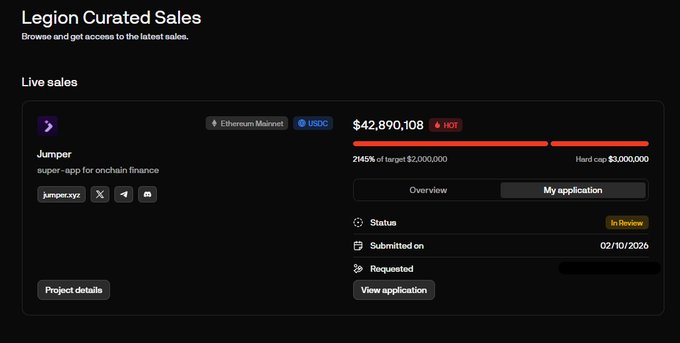A dark UI dashboard for 'Legion Curated Sales' shows a live sale for 'Jumper - super-app for onchain finance' on Ethereum Mainnet/USDC, displaying $42,890,108 raised (2145% of target $2,000,000) with an 'In Review' status submitted on 02/10/2026.