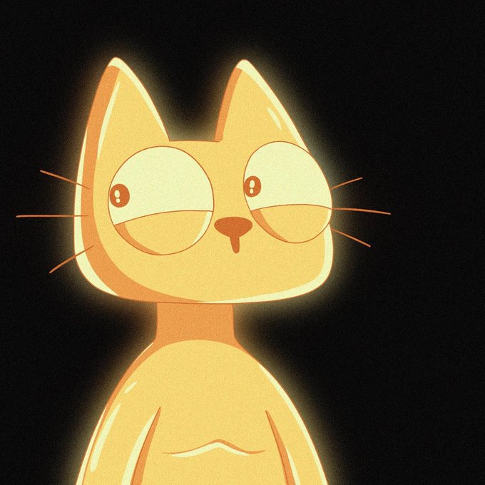 An illustration of an orange cartoon cat with wide, surprised eyes and whiskers glowing against a black background.