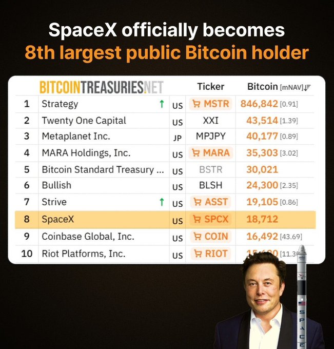 A graphic from BitcoinTreasuries.net shows SpaceX (SPCX) as the 8th largest public Bitcoin holder with 18,712 BTC on its balance sheet, sitting just behind Strive's 19,105 BTC and ahead of Coinbase Global's 16,492 BTC on the leaderboard. The image, featuring Elon Musk alongside a SpaceX rocket, visually reinforces the post's claim about SpaceX's notable position among major corporate BTC holders.