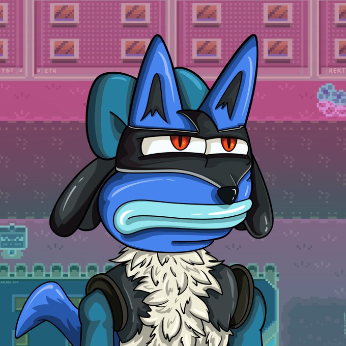 A cartoon blue dog-like creature wearing a black beanie and hood stands in front of a pixelated retro arcade backdrop featuring elements like "REKT" and "ETH" text. The image relates to the post as an NFT artwork blending Pokémon and Pepe the Frog aesthetics with nostalgic arcade gaming references, part of a limited 101-supply collection by TheSocialTrauma.