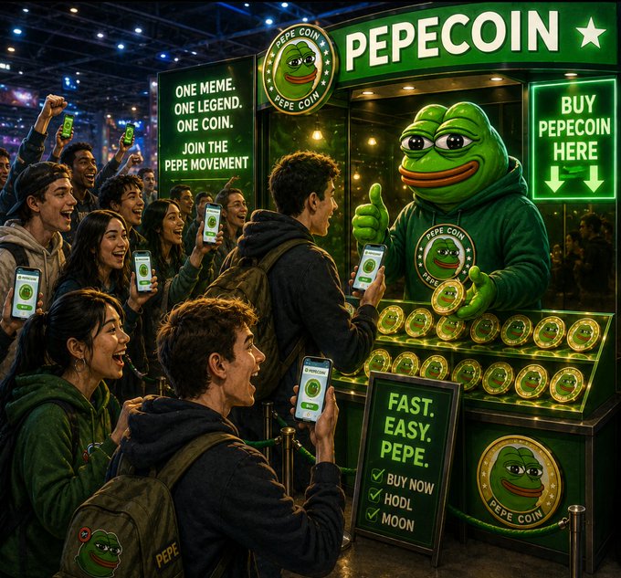An AI-generated promotional image for 'PEPECOIN' showing a large Pepe the Frog mascot in a green hoodie at a booth, surrounded by excited fans holding phones displaying the coin, with signs reading 'ONE MEME. ONE LEGEND. ONE COIN.', 'BUY PEPECOIN HERE', and 'FAST. EASY. PEPE.'