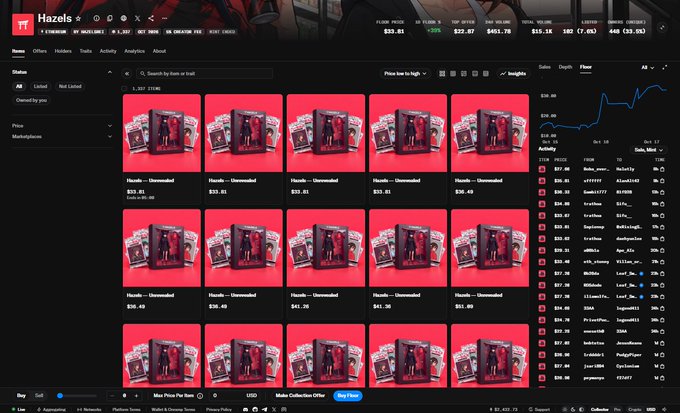 The image shows a trade aggregator interface (likely Blur) displaying multiple identical Hazels NFT listings priced between $33.81-$36.49, with a recent activity feed on the right showing mostly "$32.99" purchases, supporting the post's excitement about buying more at a specific price point. The repeated red "Hazels - Distressed" cards visually emphasize the abundance of available listings being swept up, fitting the tweet's enthusiasm about not being able to quit collecting them.