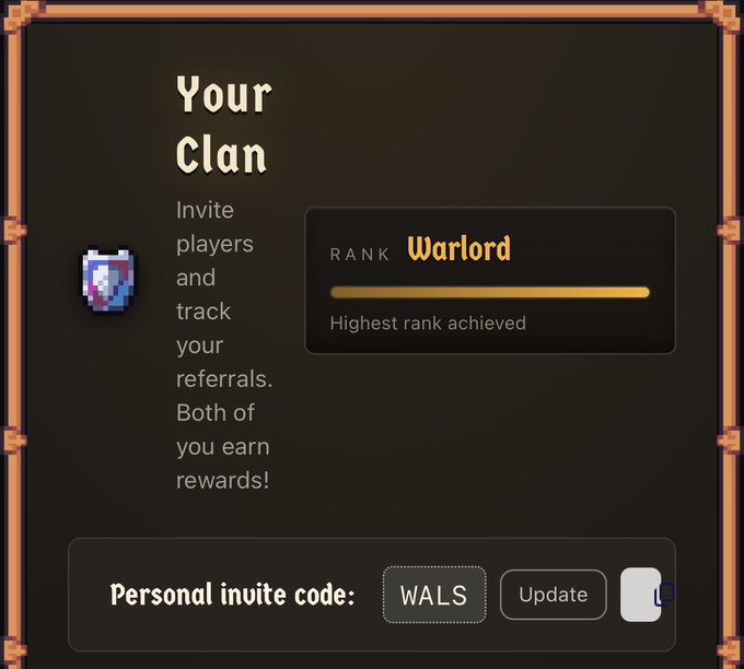 A "Your Clan" interface displays a Warlord rank marked as the highest rank achieved, alongside a personal invite code of "WALS." The image supports the post by showcasing the user's top-tier Warlord status on the Cambria platform, emphasizing the rewards earned through Web3 activities like loot boxes for the upcoming $RSGP airdrop.