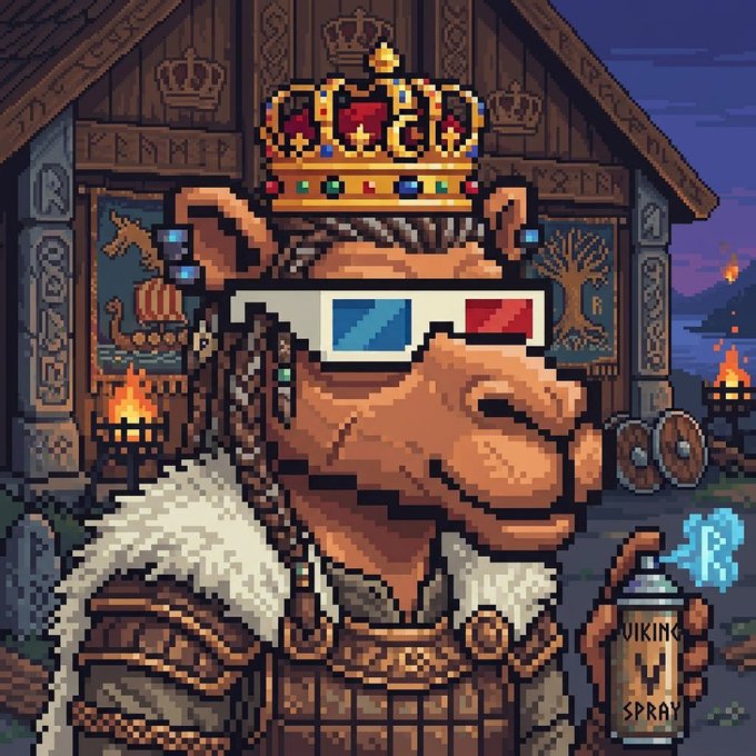 Pixel art illustration of a character wearing a crown and 3D glasses, holding a 'VIKING SPRAY' can.