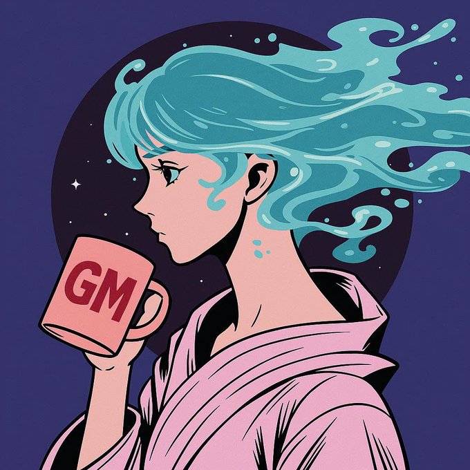 An anime-style illustration of a woman with flowing aqua-blue hair drinking from a pink mug labeled 'GM' against a dark starry sky.