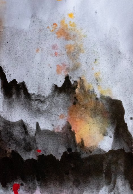 The image features a black and white painting of mountains with orange and yellow spots, creating an impressionistic style that captures the essence of nature's beauty. The artist has used watercolor paint for this piece, which adds depth and texture to the artwork. The painting is displayed on a canvas or paper, showcasing the artist's skill in capturing the intricate details of the landscape.