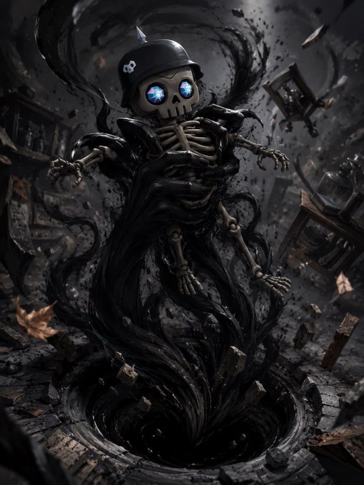 A dark fantasy illustration of a skeleton wearing a spiked German-style military helmet, emerging from a swirling black portal in a ruined, debris-filled room.