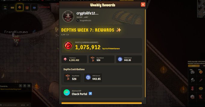 An in-game screenshot shows a "Weekly Rewards" screen for player "cryptolife12..." in the game Depths, displaying a total of 1,075,912 points and $43.85 USD earned. The image visualizes the user's claim of averaging 1M trinkets a week while playing @playcambria.