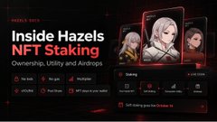 Photo of a computer screen displaying a mobile interface for "Inside Hazels NFT Staking" with the tagline "Ownership, Utility and Airdrops" and various menu options including Staking, Multiplier, and NFT Mint.