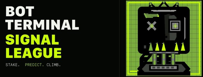 A promotional banner for "Bot Terminal Signal League" featuring the tagline "Stake. Predict. Climb." alongside a pixel-art illustration of a green and black robot NFT, aligning with the giveaway of 8 spots for the 3,333 animated robot NFTs project on RH Chain.