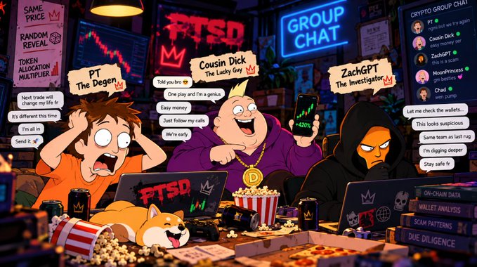 A cartoon illustration of three traders labeled 'PT The Degen', 'Cousin Dick The Lucky Guy', and 'ZachGPT The Investigator' in a room displaying a 'GROUP CHAT' sign and 'FTSO' logo, featuring meme-related dialogue and a dog.