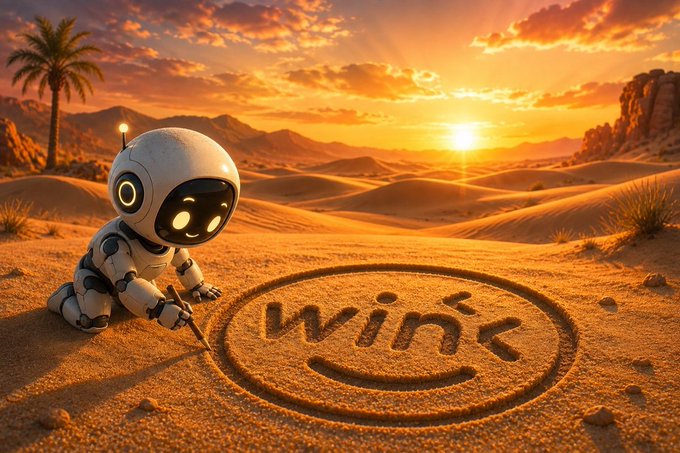 A digital illustration of a small white robot in a desert landscape at sunset, using a stick to draw the word 'wint' with a smiley face in the sand.