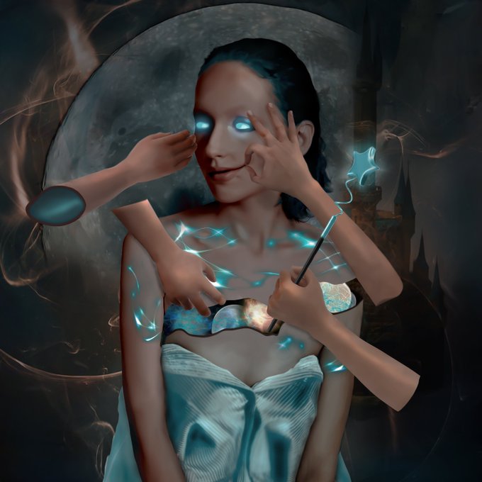 A surreal digital art piece featuring a woman with glowing blue eyes being touched by several disembodied hands, with blue light streaks across her body and a moon in the background.