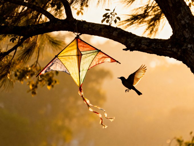 A colorful kite hangs from a tree branch at sunset while a bird flies toward it against a warm golden sky.