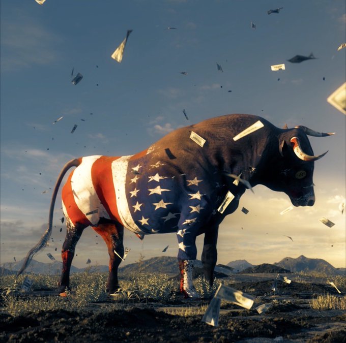 A surreal, patriotic image of a bull with the American flag painted on its body, standing in a field while money flies through the air around it under a partly cloudy sky.