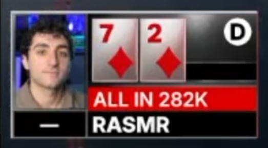 A poker broadcast graphic featuring a man's face alongside the seven and two of diamonds, with text reading 'ALL IN 282K' and 'RASMR'.