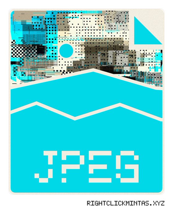 A digital art piece with glitch art aesthetics, featuring a turquoise lower section with mountain-like graphics and pixelated text reading 'JP:25', with 'RIGHTCLICKMINTAS.XYZ' at the bottom.